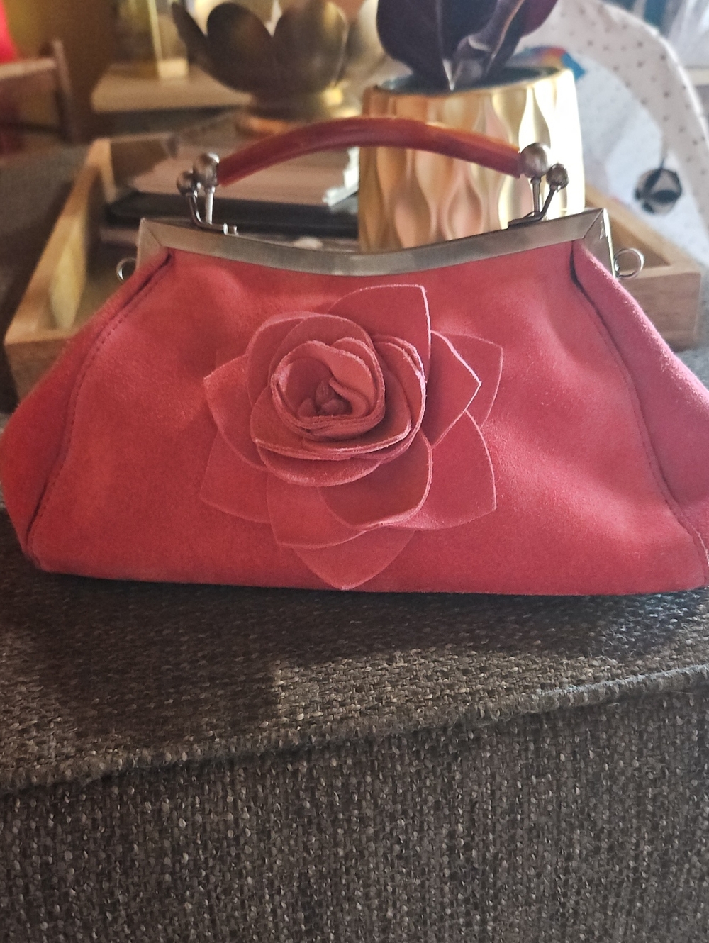 Patricia Nash Pink Suede Floral Accent Top-Handle Clutch With Detachable Strap